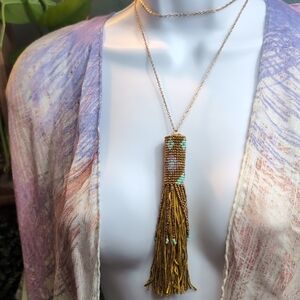 Gold & Purple Beaded Tassel Necklace